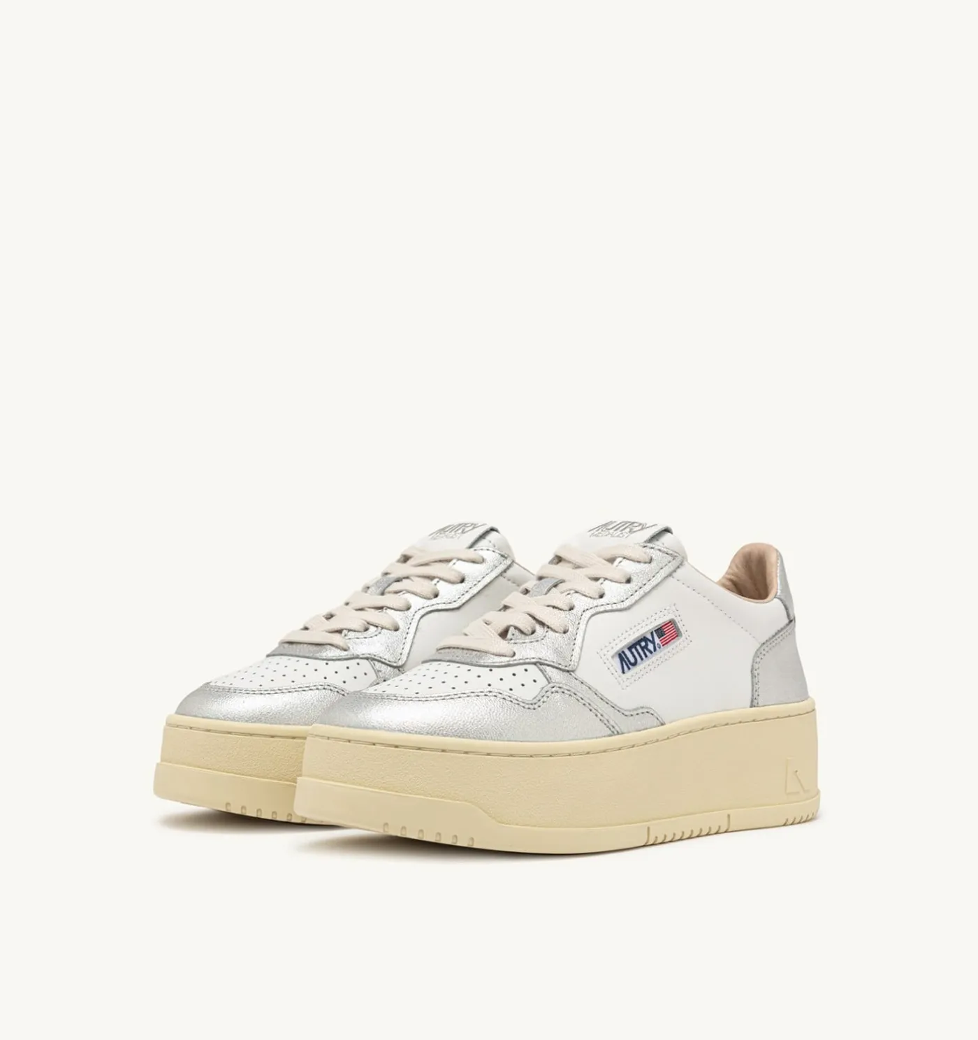 SNEAKERS MEDALIST PLATFORM IN PELLE BIANCA E METALLIZZATA ARGENTO