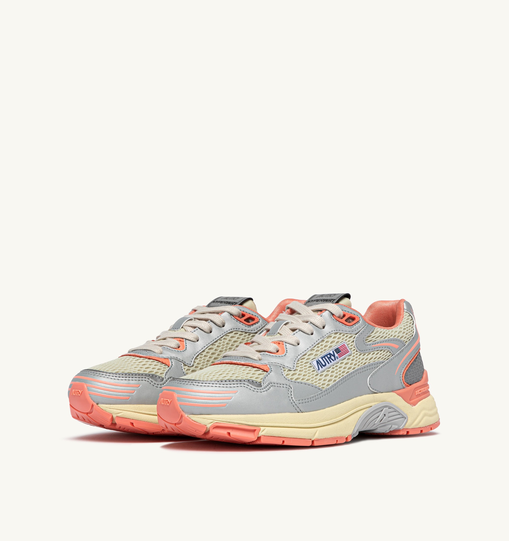 SNEAKERS HYPERWAY IN PELLE SINTETICA E MESH ARGENTO ASPARAGUS E PEACH PINK