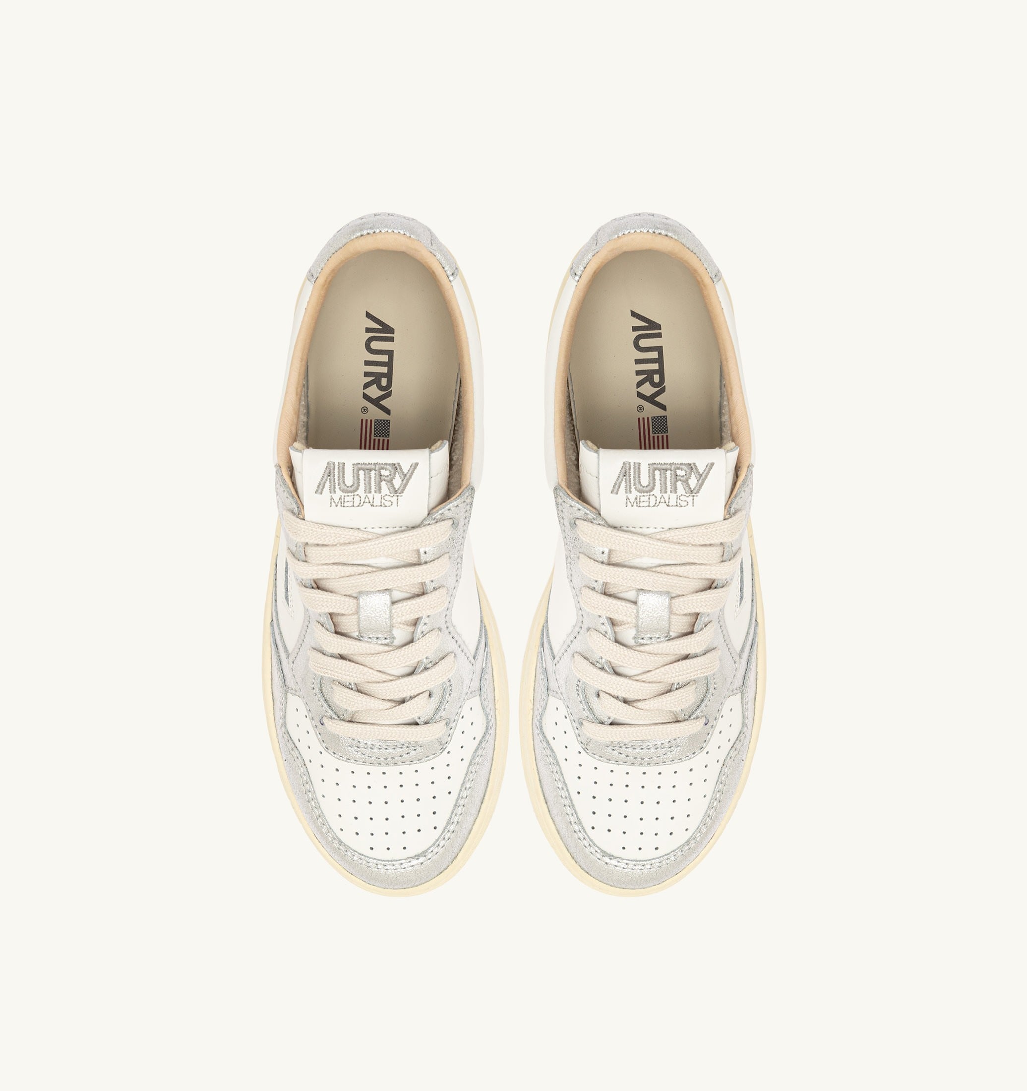 SNEAKERS MEDALIST LOW BICOLOR IN PELLE BIANCA E METALLIZZATA ARGENTO