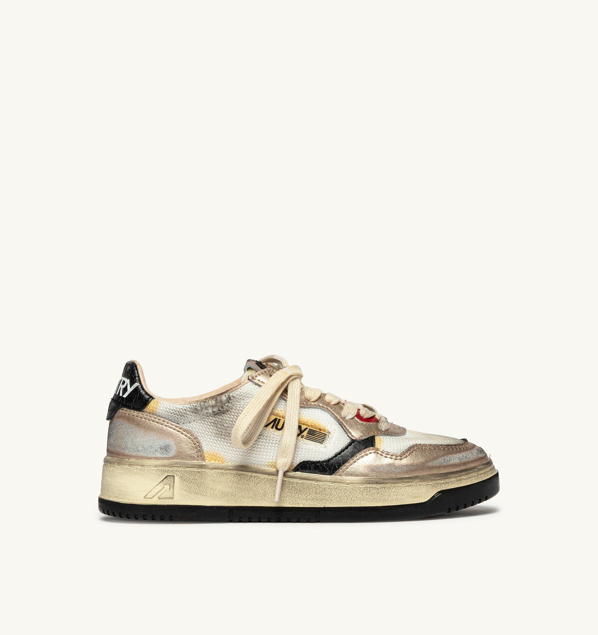 SNEAKERS MEDALIST LOW SUPER VINTAGE IN MESH BIANCO, SUEDE ORO E PELLE NERA
