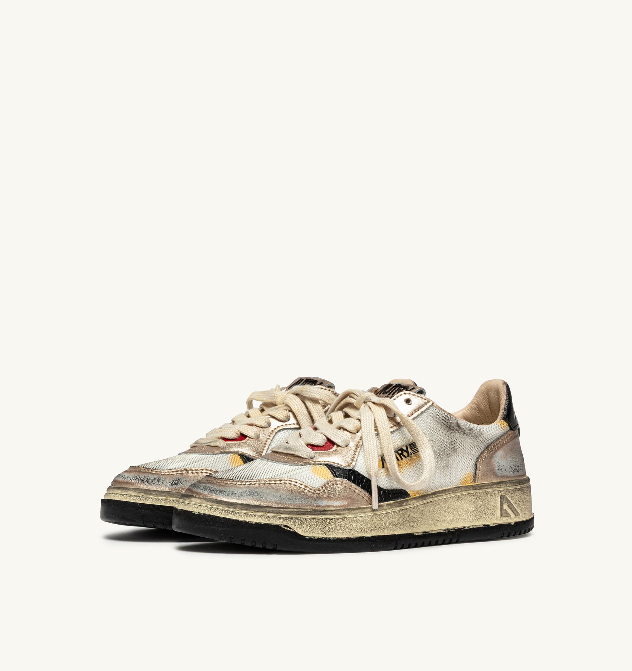 SNEAKERS MEDALIST LOW SUPER VINTAGE IN MESH BIANCO, SUEDE ORO E PELLE NERA