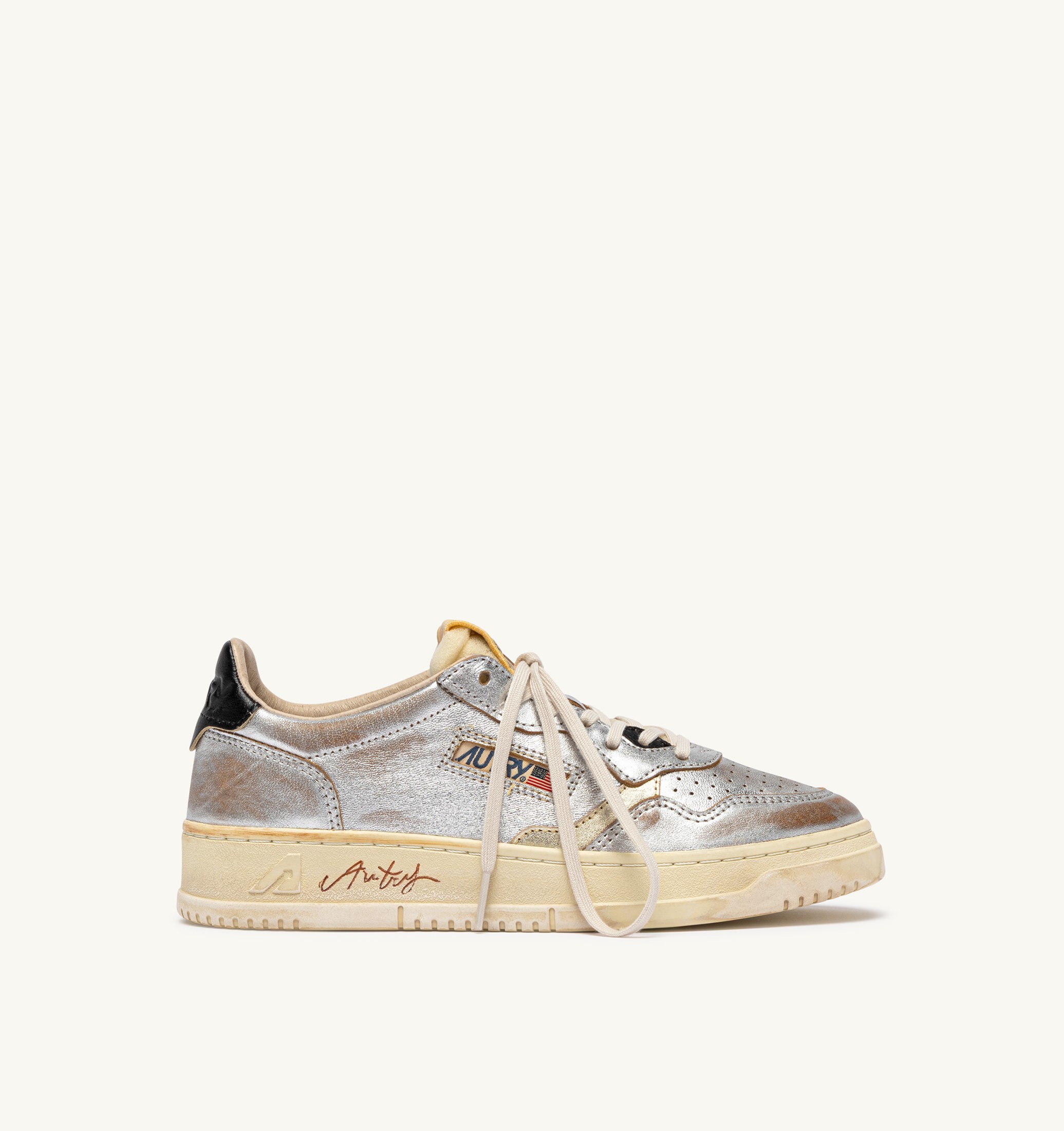SNEAKERS MEDALIST LOW SUPER VINTAGE IN PELLE ARGENTO PLATINO E NERO