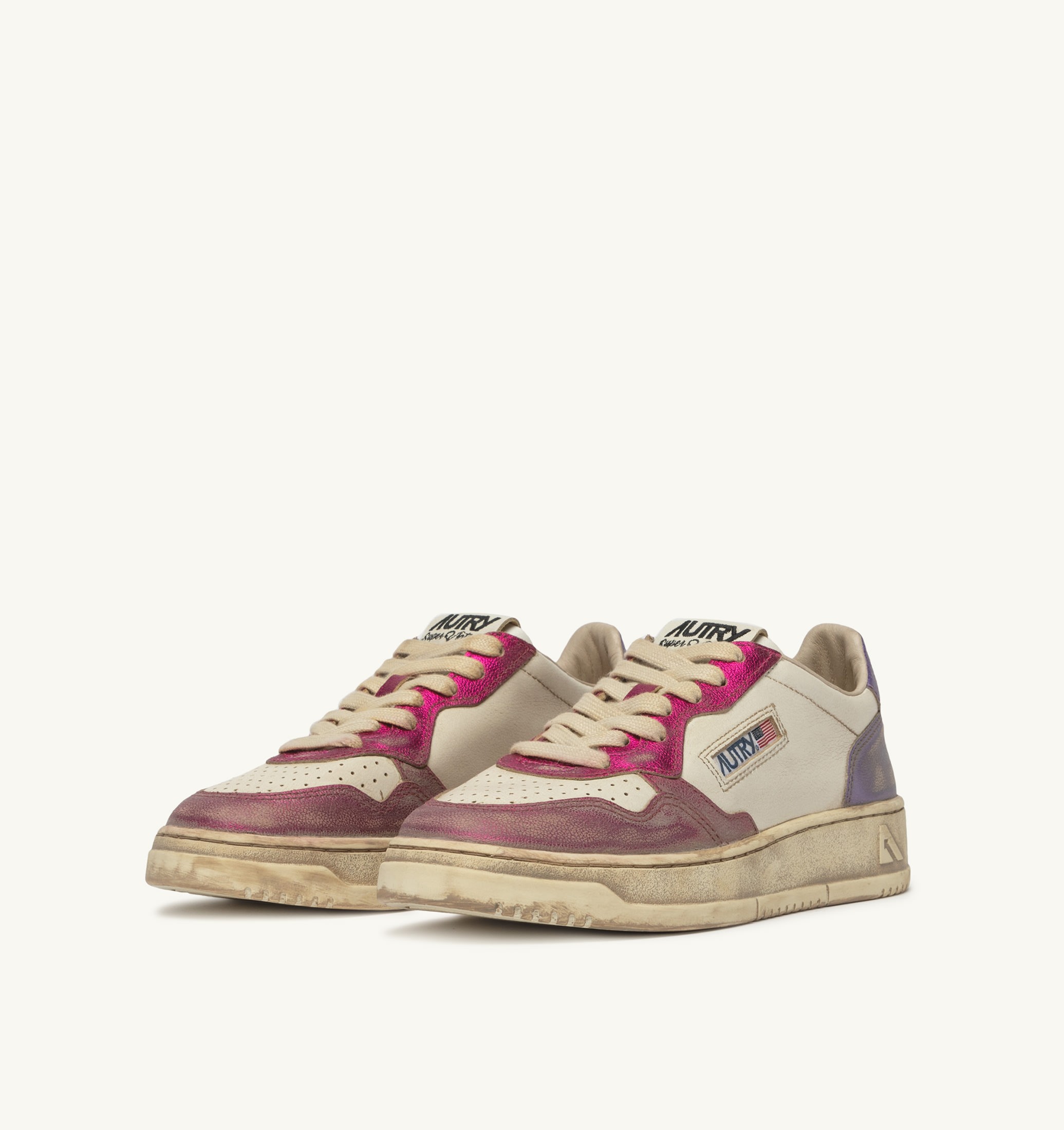SNEAKERS MEDALIST LOW SUPER VINTAGE IN PELLE BIANCA FUCSIA E VIOLET