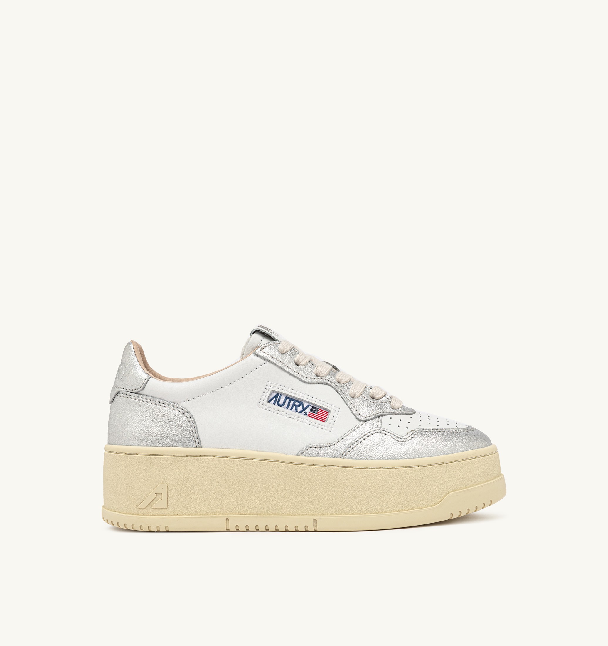 SNEAKERS MEDALIST PLATFORM IN PELLE BIANCA E METALLIZZATA ARGENTO
