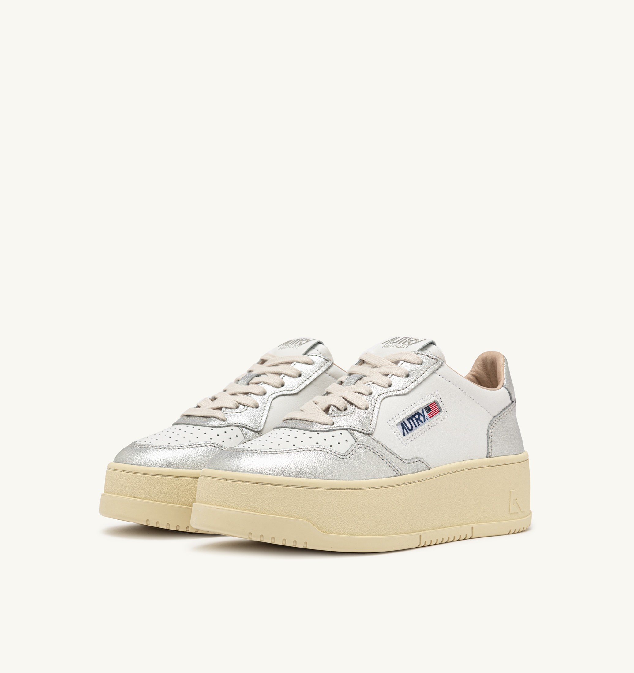 SNEAKERS MEDALIST PLATFORM IN PELLE BIANCA E METALLIZZATA ARGENTO