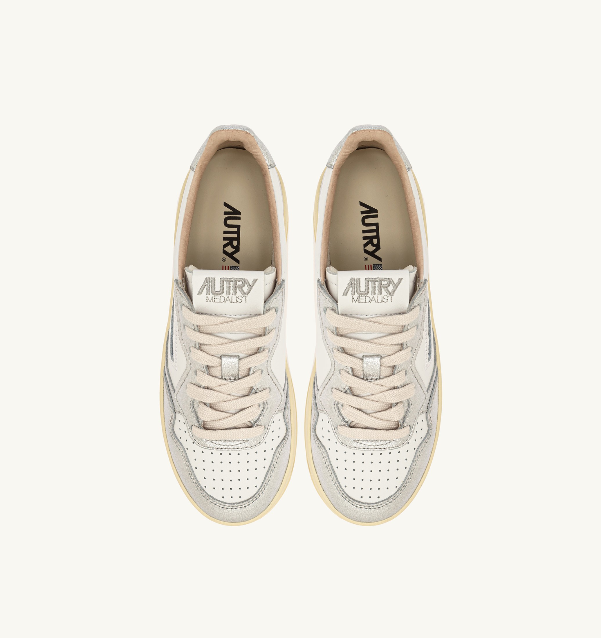 SNEAKERS MEDALIST PLATFORM IN PELLE BIANCA E METALLIZZATA ARGENTO