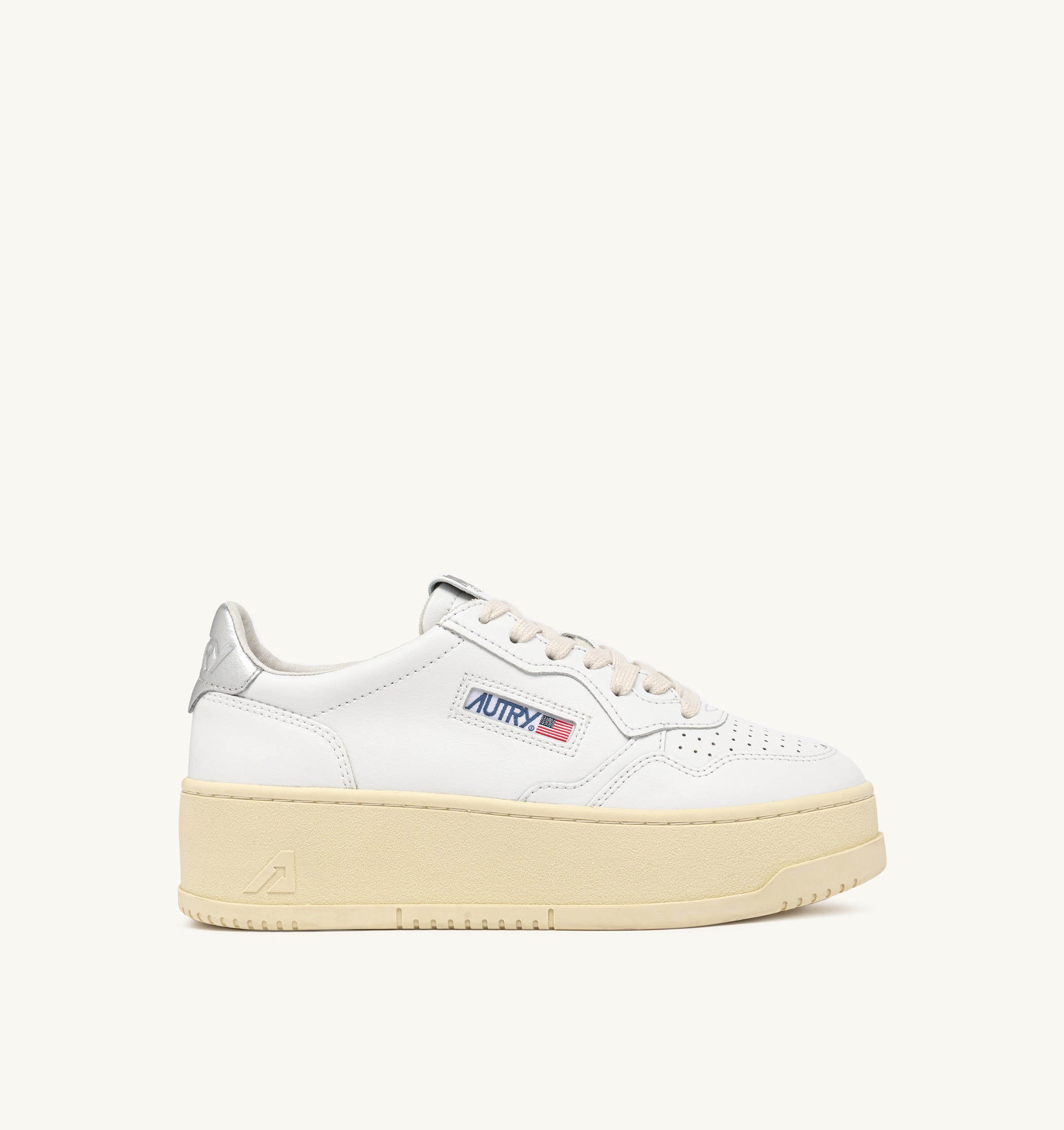 SNEAKERS MEDALIST PLATFORM IN PELLE BIANCA E METALLIZZATA ARGENTO