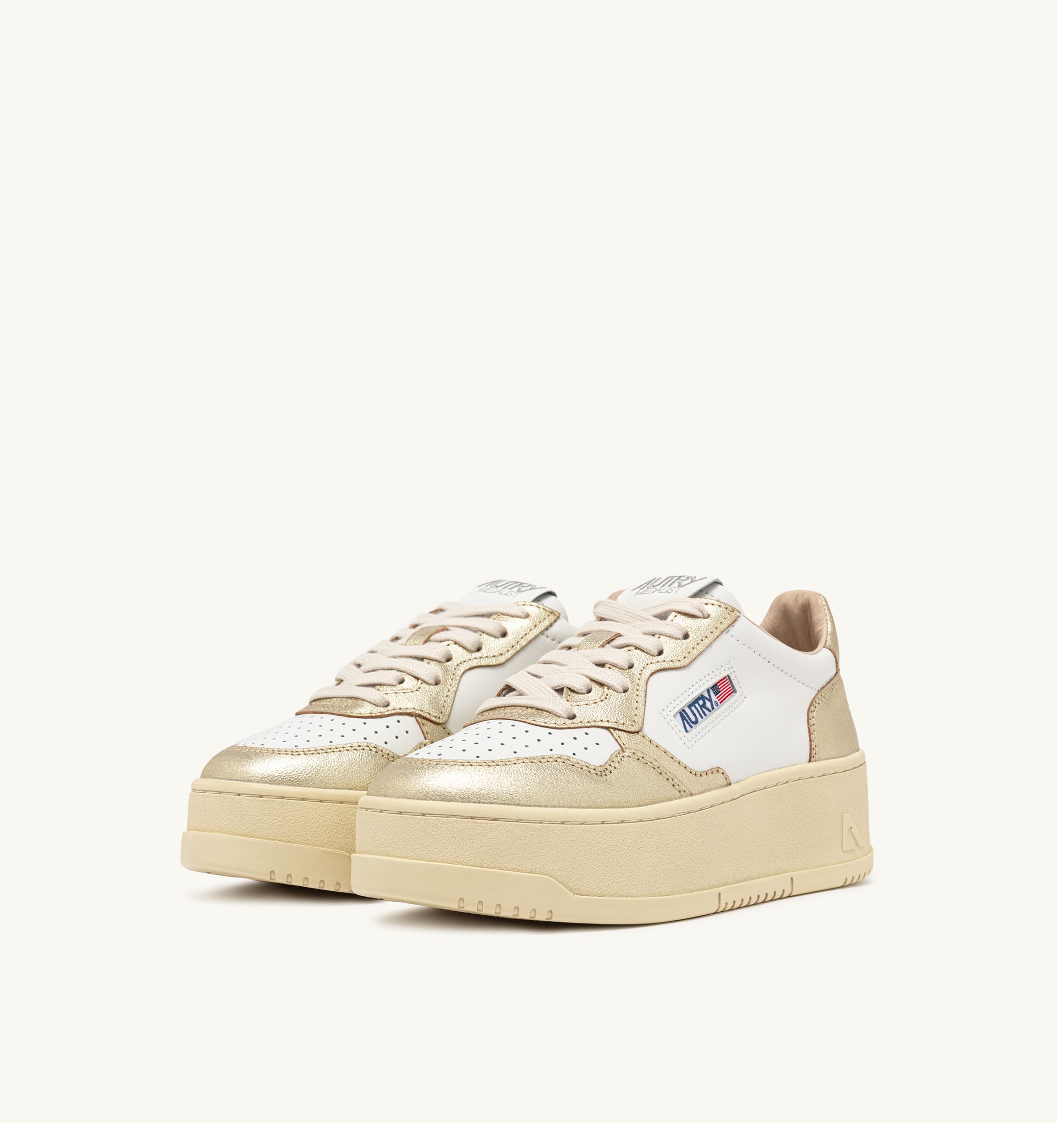SNEAKERS MEDALIST PLATFORM IN PELLE BIANCA E METALLIZZATA PLATINO