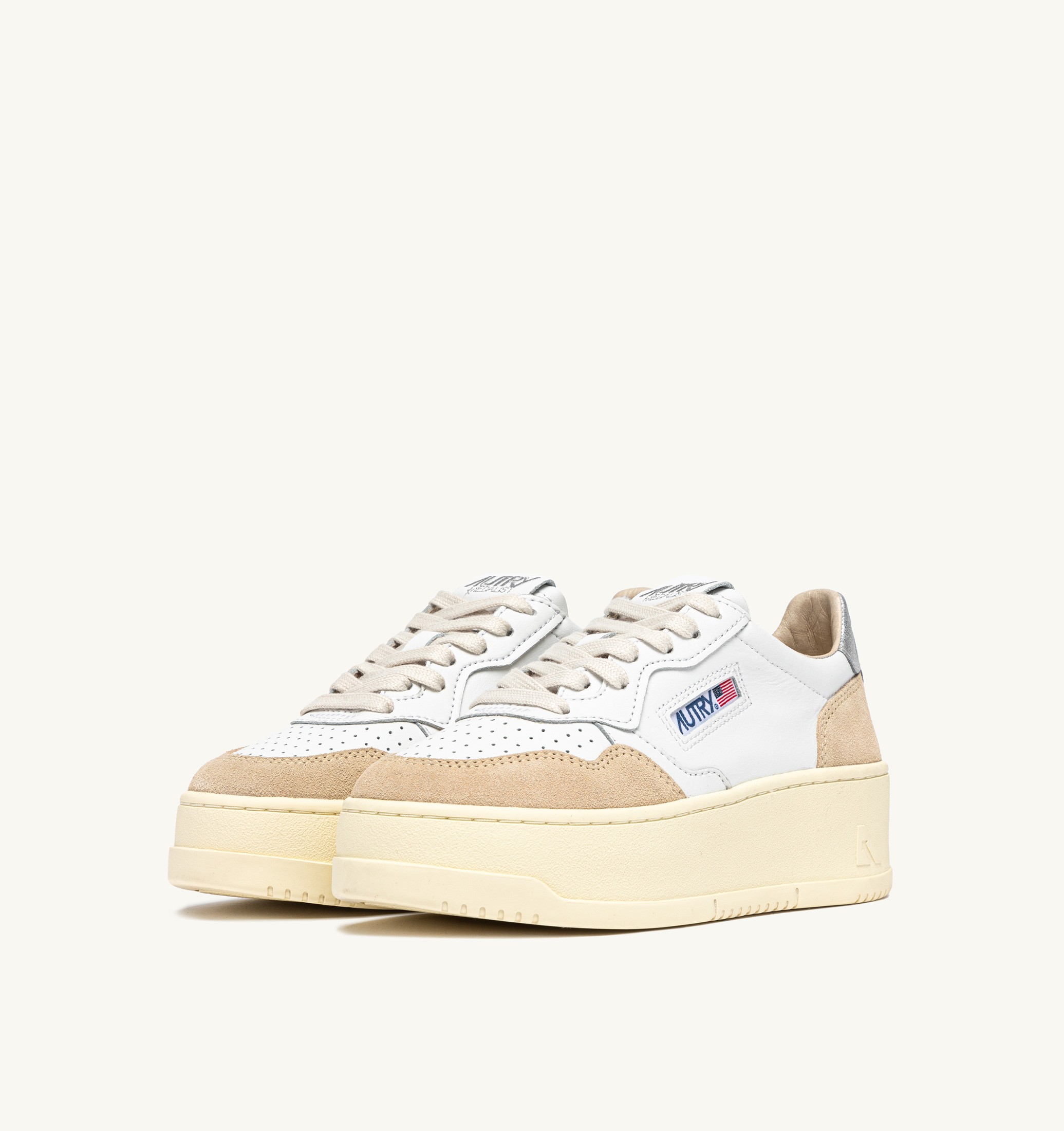 SNEAKERS MEDALIST PLATFORM IN SUEDE E PELLE ARGENTO E BIANCO