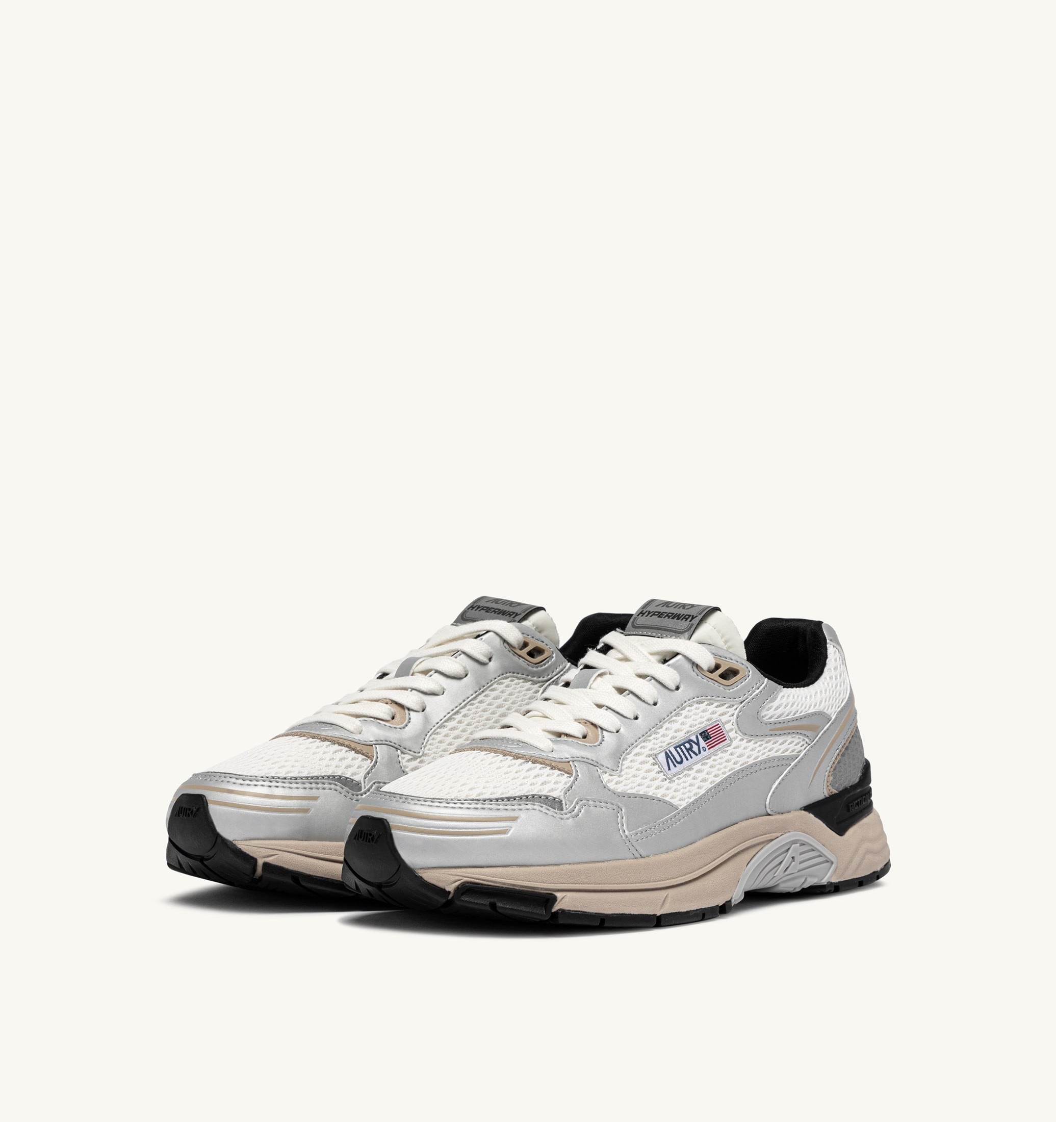 SNEAKERS HYPERWAY IN PELLE SINTETICA E MESH ARGENTO BIANCO E IRISH CREAM