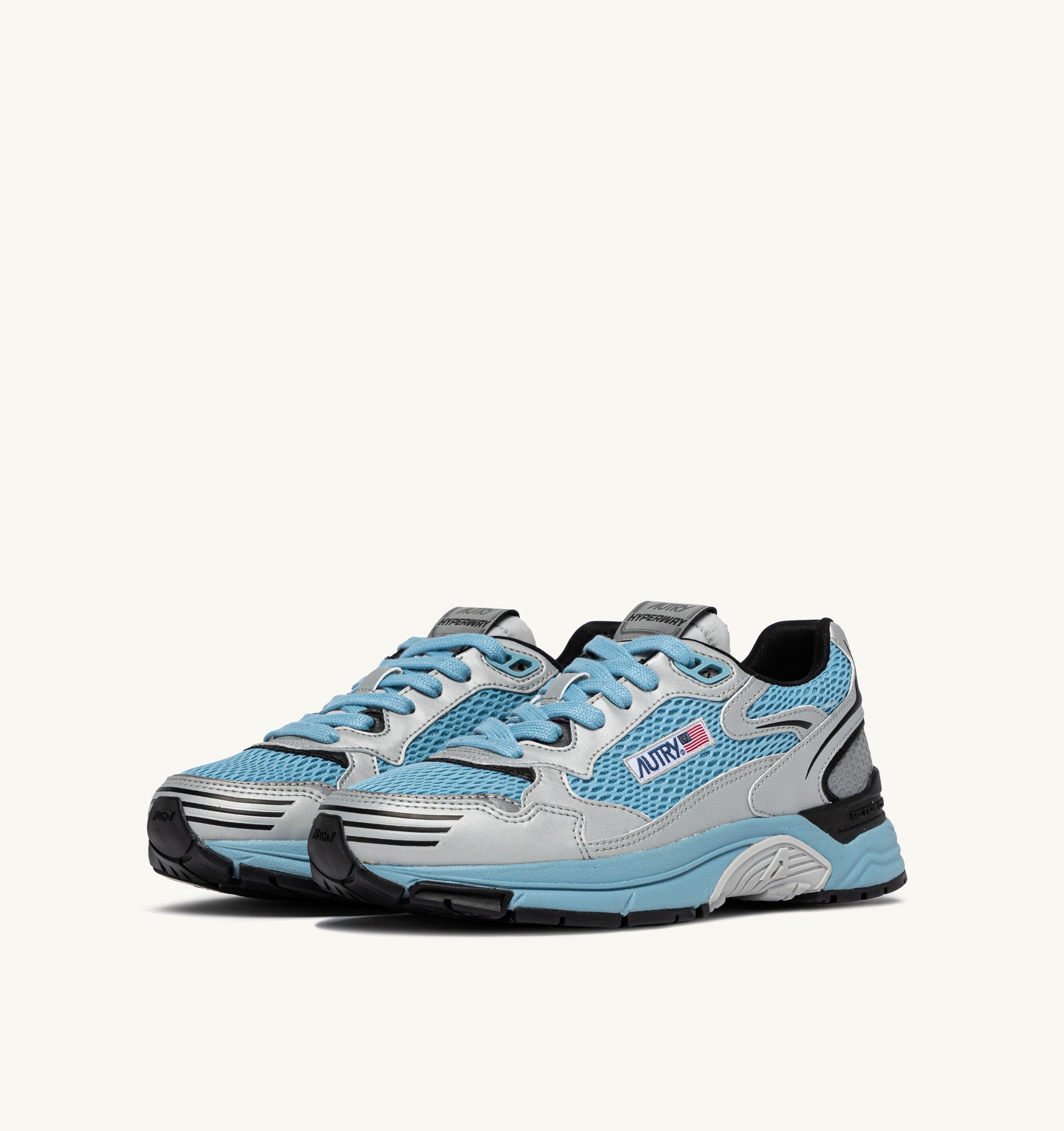 SNEAKERS HYPERWAY IN PELLE SINTETICA E MESH ARGENTO NERO E FORGET ME NOT