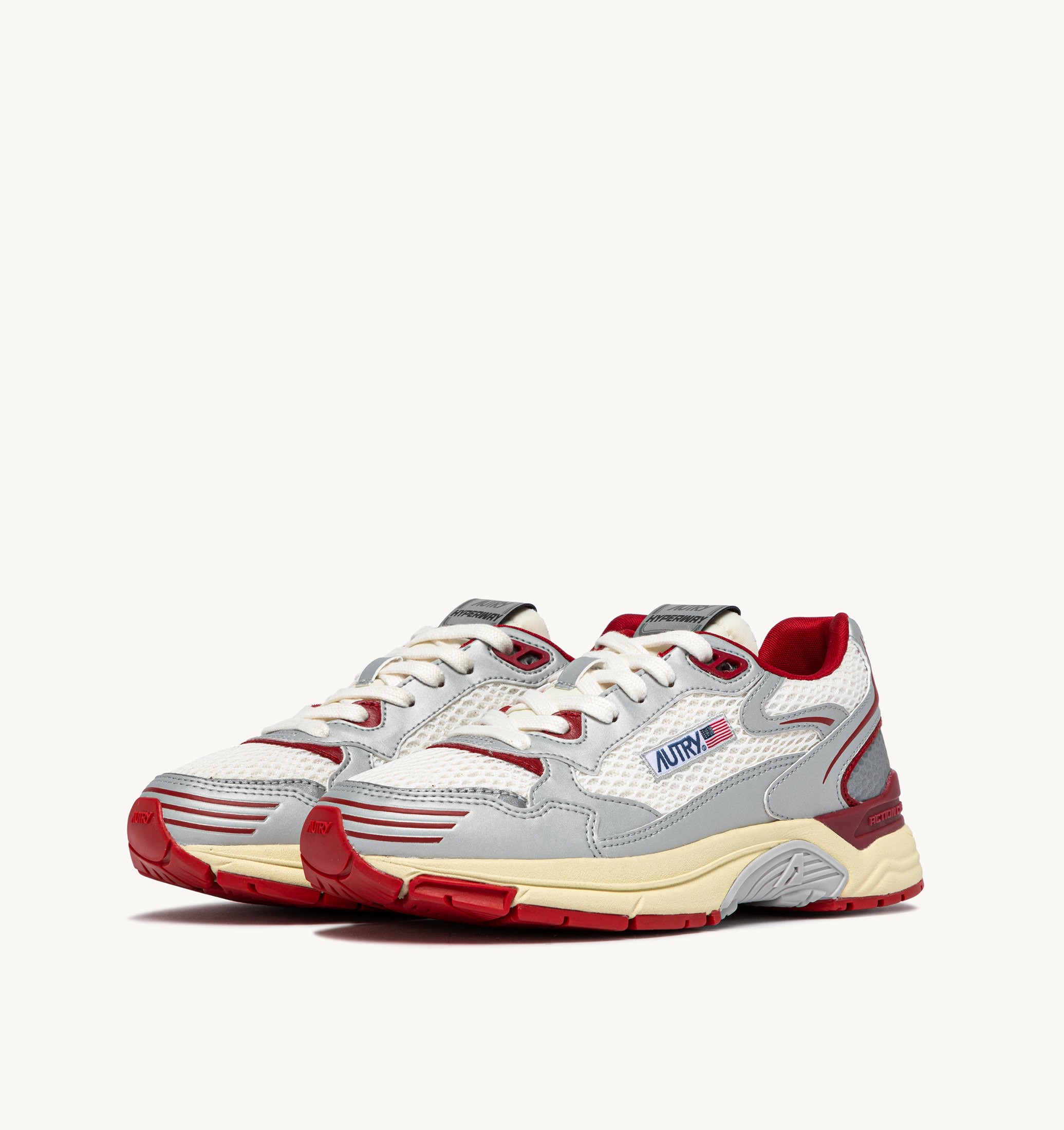 SNEAKERS HYPERWAY IN PELLE SINTETICA E MESH BIANCO ARGENTO E ROSSO