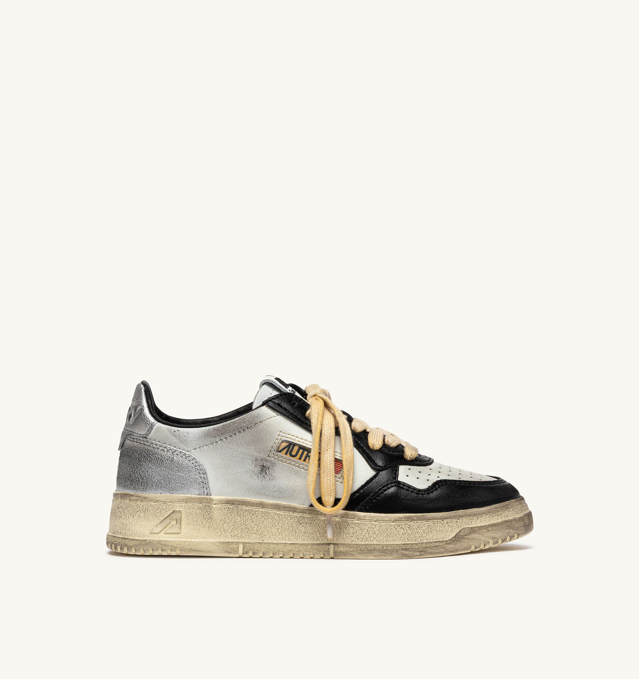 SNEAKERS MEDALIST LOW SUPER VINTAGE IN PELLE BIANCA NERA E ARGENTO